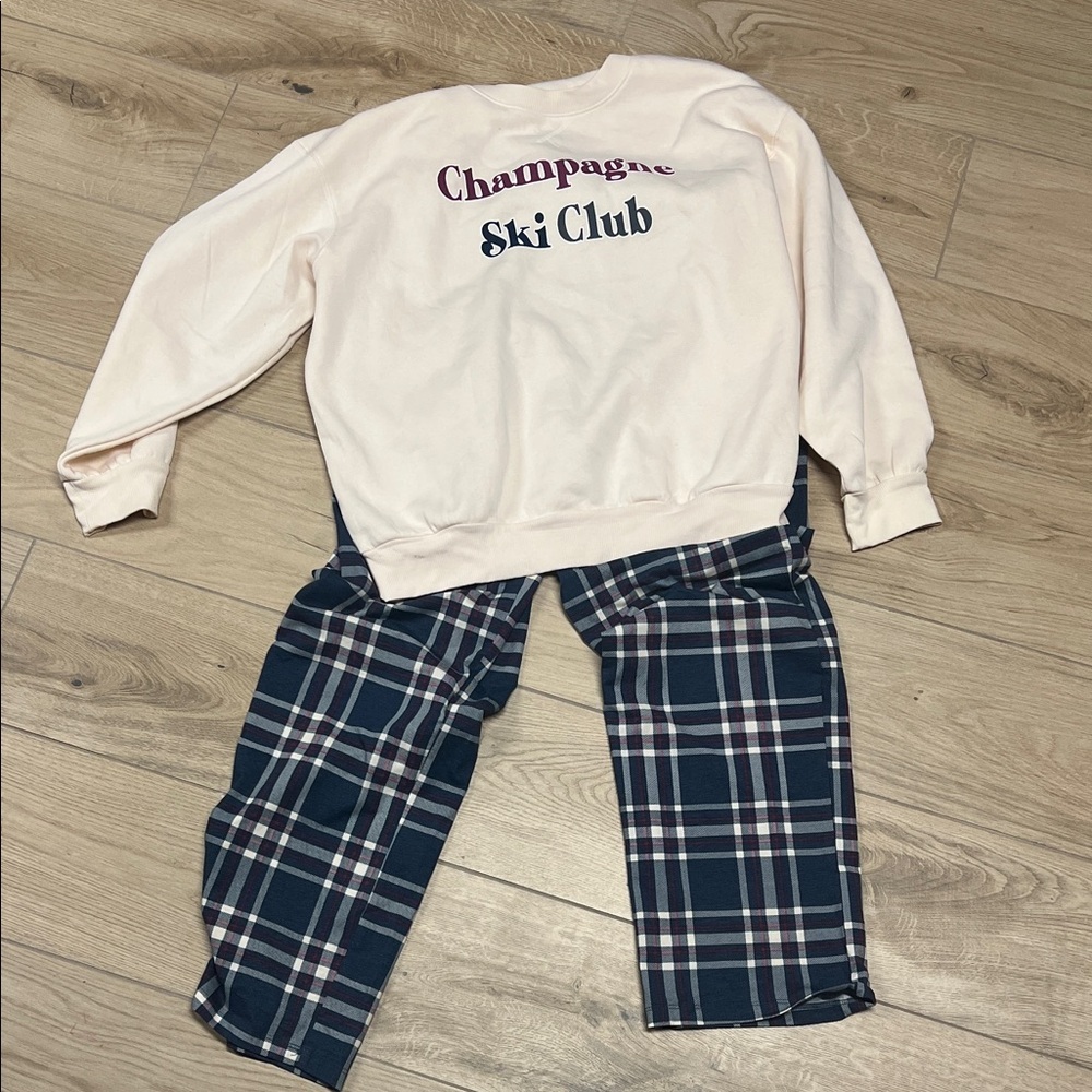 Wildfox Cream Sweatshirt and Blue Plaid Pajama Set